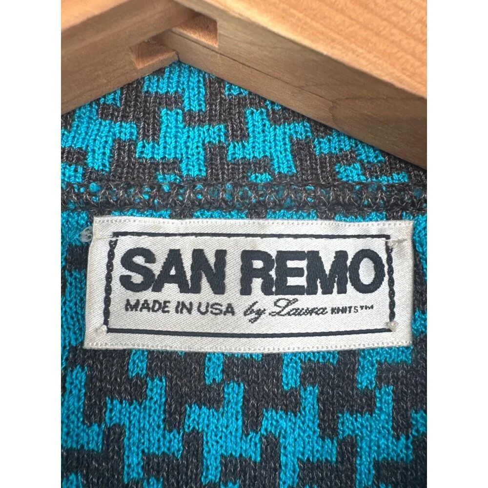 Vintage San Remo Womens Cardigan Sz L Turquoise/Black Houndstooth 80s Classic - Picture 3 of 8